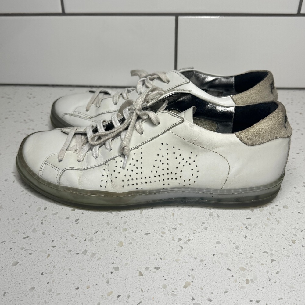 P448 John White Leather Low Top Sneakers Grey Suede Trim EU 39 Size 8